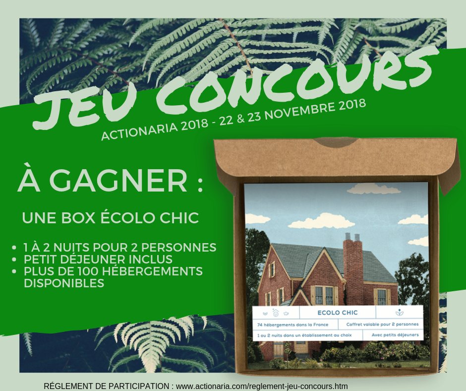 actionaria's tweet photo. #JeuConcours 🎁 
Pour le lancement du salon #Actionaria18, tentez de gagner un séjour écolo chic 
Pour jouer : //TAGUEZ 2 AMIS EN COMMENTAIRE 👫 //RETWEETER CE POST 🤗 //INSCRIVEZ- VOUS GRATUITEMENT 👉 https://t.co/M4J3WuziTt
🌍 🤩 Résultat le 22 novembre 2018 #RT #Concours https://t.co/aDw6XkUXXN