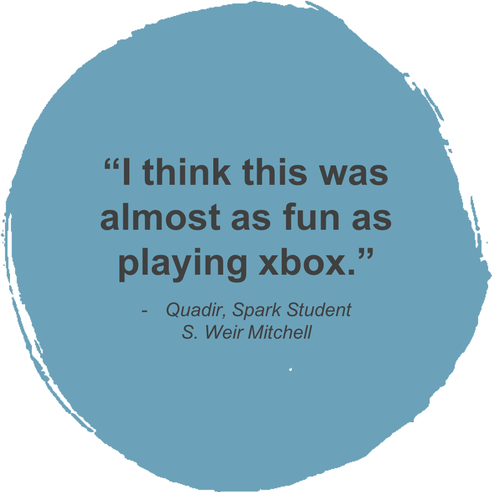 SparkProgramPHL's tweet photo. Spark got high praise from Quadir recently. After a Spark Lab he shared that Spark is almost as fun as playing xbox. We're glad he thinks so! #GivingPossibility https://t.co/zeLxyATIUG