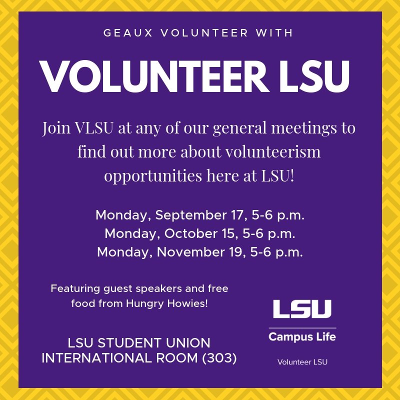 LSUCampusLife's tweet image. VLSU is holding their third general meeting of the semester on Monday, November 19 at 5 p.m. Join them to find out more about upcoming VLSU projects and enjoy some pizza. #VLSU #GeauxVolunteer #GeneralMeetings
🐯🐯🐯