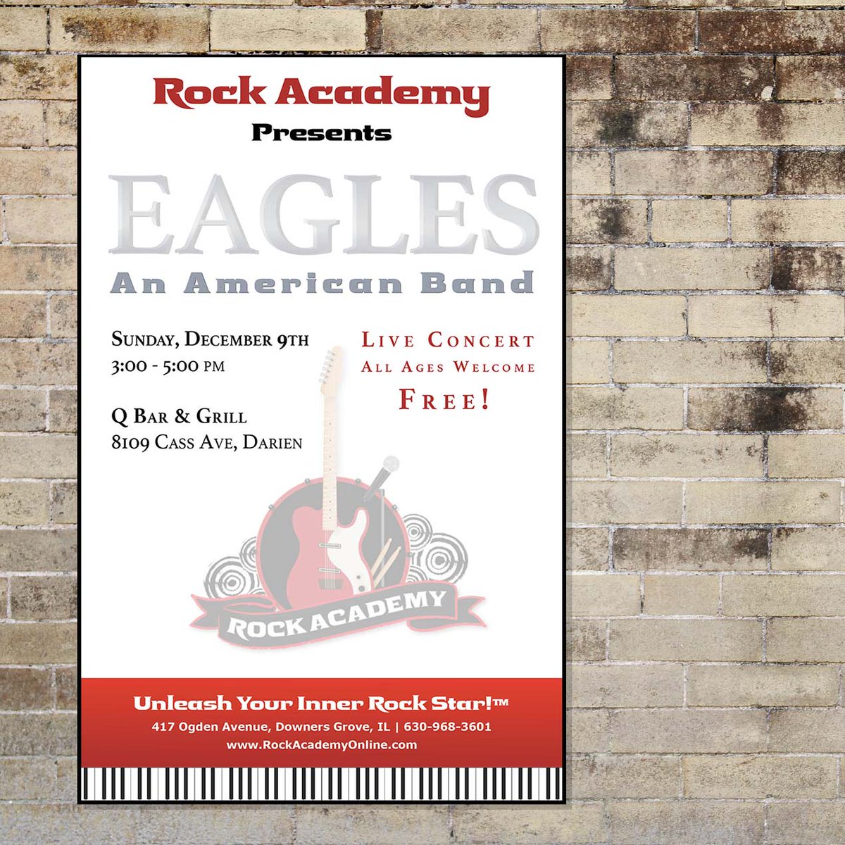RockAcademyRox's tweet photo. Come to see the Rock Academy students "Unleash Their Inner Rockstar" December 9th 3-5pm at the Q-Bar and Grill in Darien. All ages welcome. Free event! The bands will be featuring songs from "The Eagles".

#rockstaracademyonline #unleashyourinnerrockstar #downersgroveillinois https://t.co/yZrrYv9cJD
