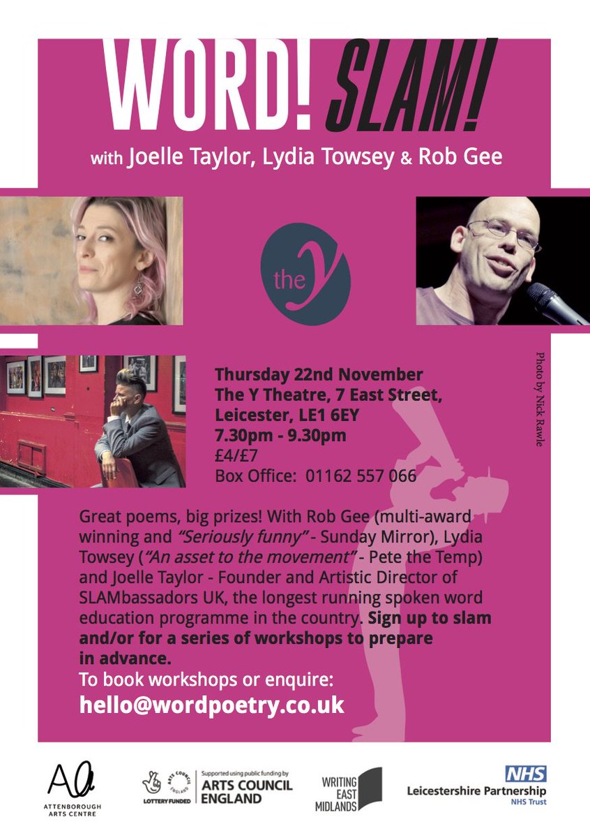 This coming Thursday, Nov 22nd <a href="/TheYTheatre/">The Y Theatre</a> join us 4 our inaugural #WORDslam! Compered by @robgeepoetry &amp; <a href="/secretagent/">Lydia Towsey</a> - featuring <a href="/JTaylorTrash/">joelle taylor</a>. Slammers slam 4 free...Runner-up 'hampers' - courtesy of mighty @BurningEyeBooks - big bucks &amp; a trophy 4 the winner - more 2 follow!
