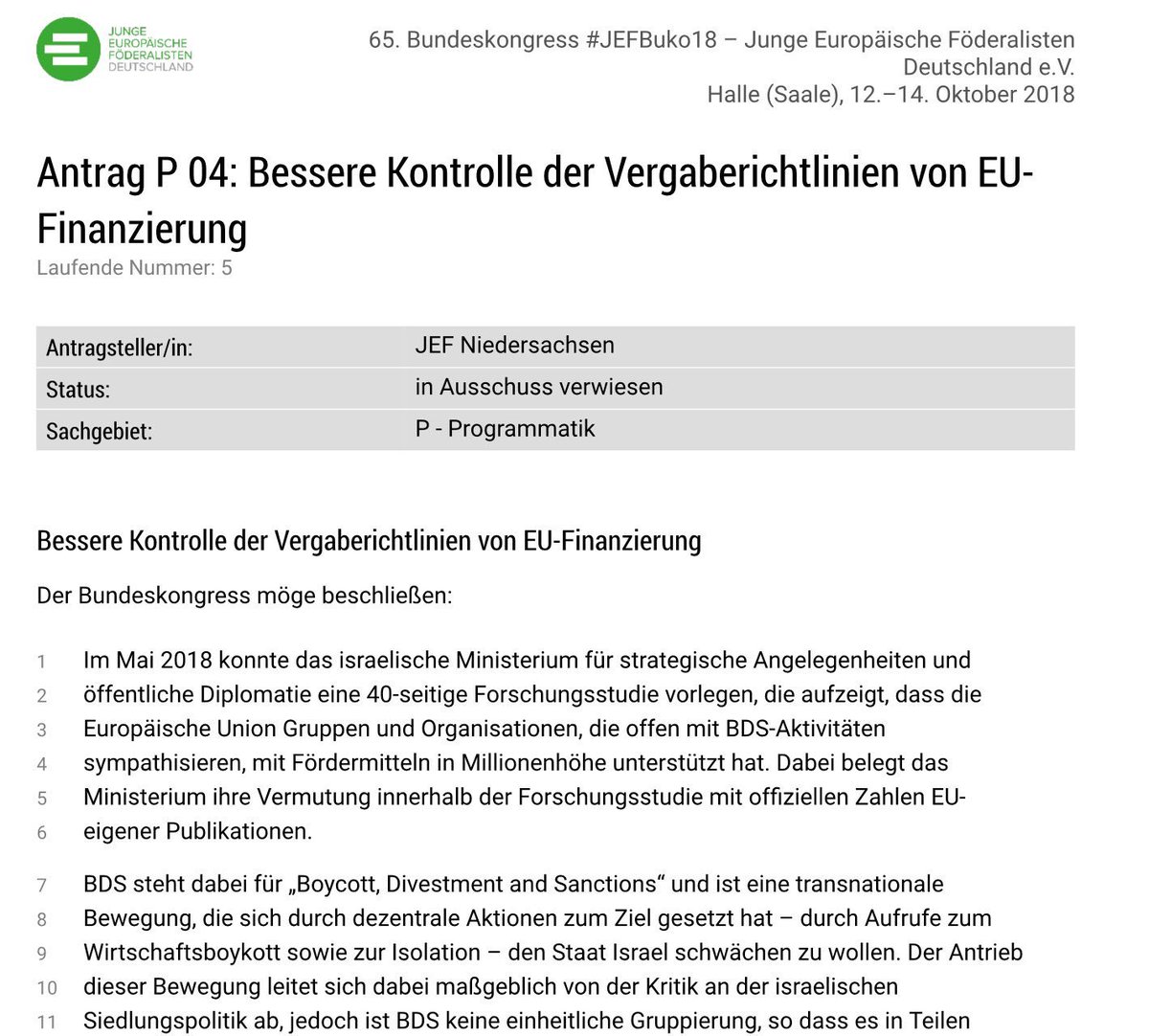 JEF_Nds's tweet photo. Gerade hat der Bundesausschuss der @JEF_de unseren vom BuKo überwiesenen Antrag beschlossen. Wir fordern nun gemeinsam, dass keine EU-Gelder mehr für #BDS zur Verfügung gestellt werden darf. Das verhindert sonst einen dringenden Friedensprozess im Nahen Osten! https://t.co/1eVhMCP12Z