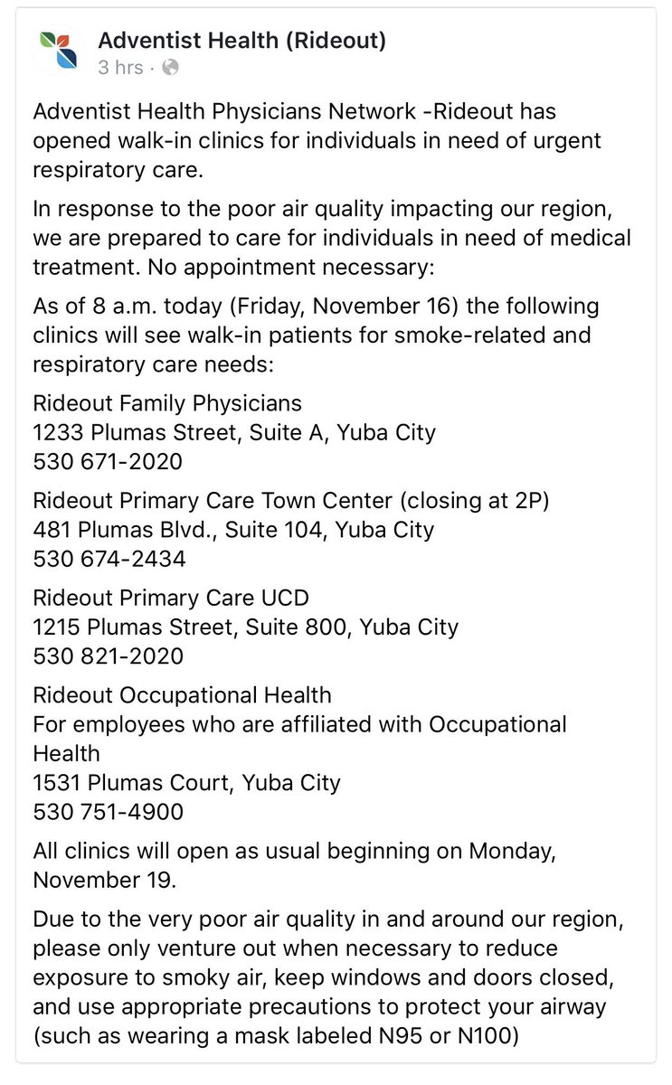 danchibaya's tweet photo. Adventist Health Physicians Network (Rideout) has opened several clinics to see walk in patients for smoke-related and respiratory care needs.  This is in response to the poor very poor air quality in and around the region....please see attachment for locations!! https://t.co/ue3iLpqqL8