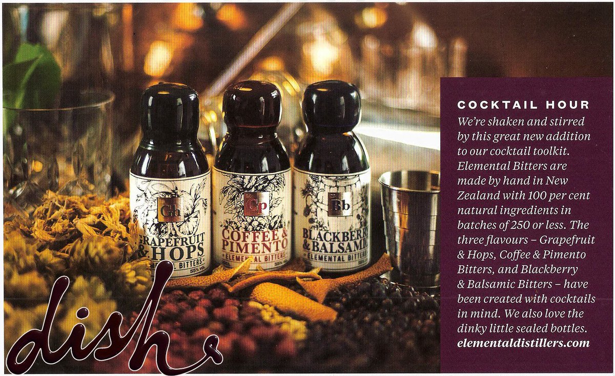 ElementalDistil's tweet photo. Huge thanks to #DishMagazine for the fantastic mention in the Christmas edition.
We're glad you like the "dinky little sealed bottles". Just wait until you see our new #Distillery and #RootsDryGin!
#ElementalBitters #ElementalDistillers #NZBitters #CocktailBitters #HandMade https://t.co/3oVo5aHnbv