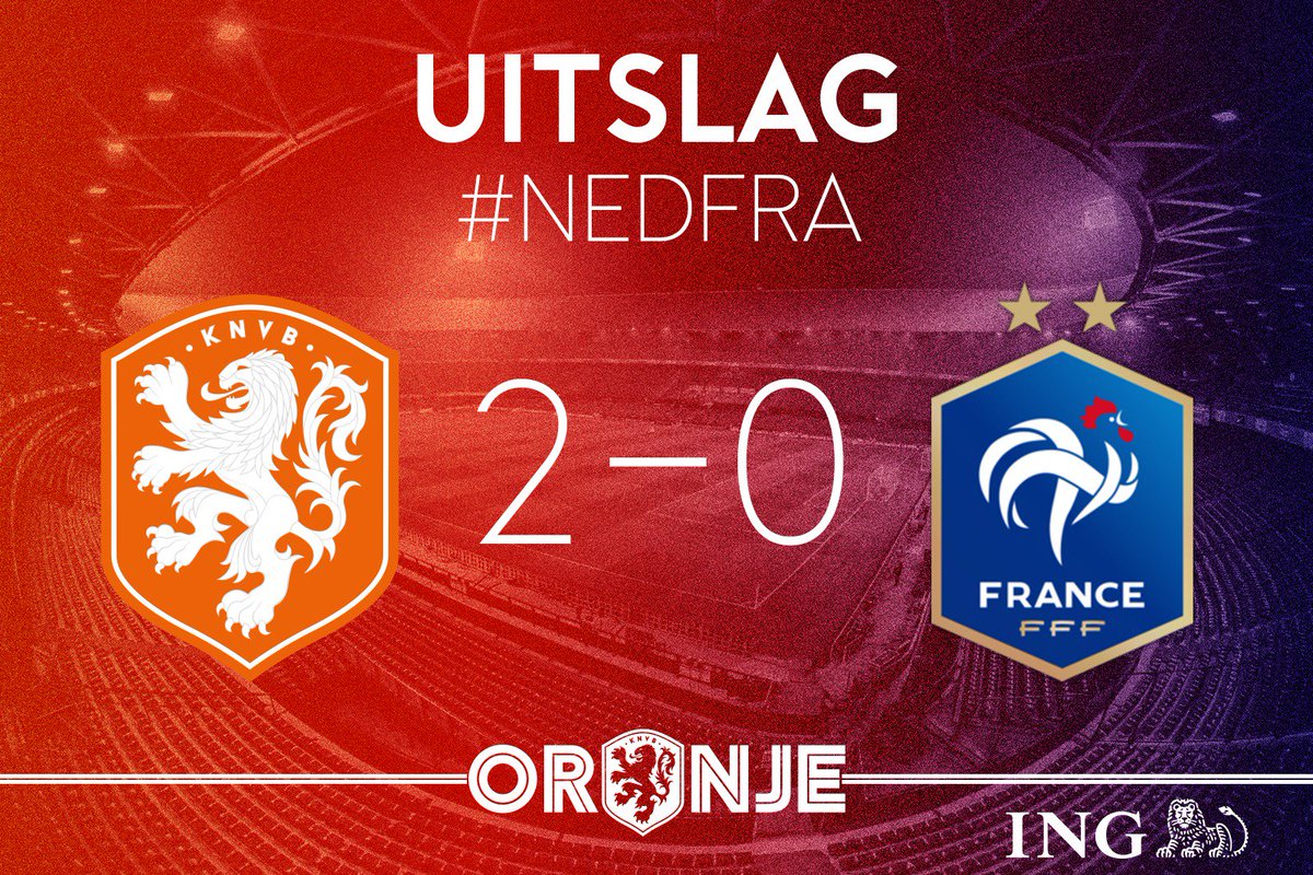 OnsOranje's tweet photo. Afgelopen! Oranje verslaat de wereldkampioen met 2-0! 💪🔥🇳🇱

#NEDFRA https://t.co/rI8I9hrz4W