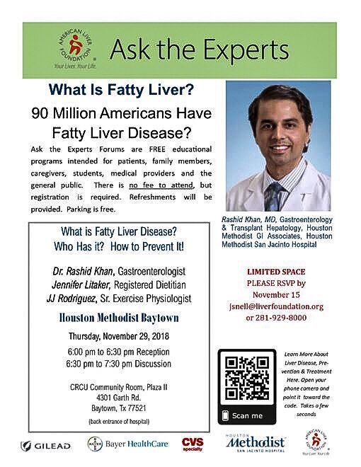 Do you live in Baytown, Tx? Check out a free educational@program on 11/29 about FattyLiver Disease #free #FattyLiver #alfhouston #Baytown #Baytowntexas #methodistbaytown #AASLDFoundation #FattyLiverDisease #liverlove #HealthyLiving #HealthyEating #WeightLoss #awareness