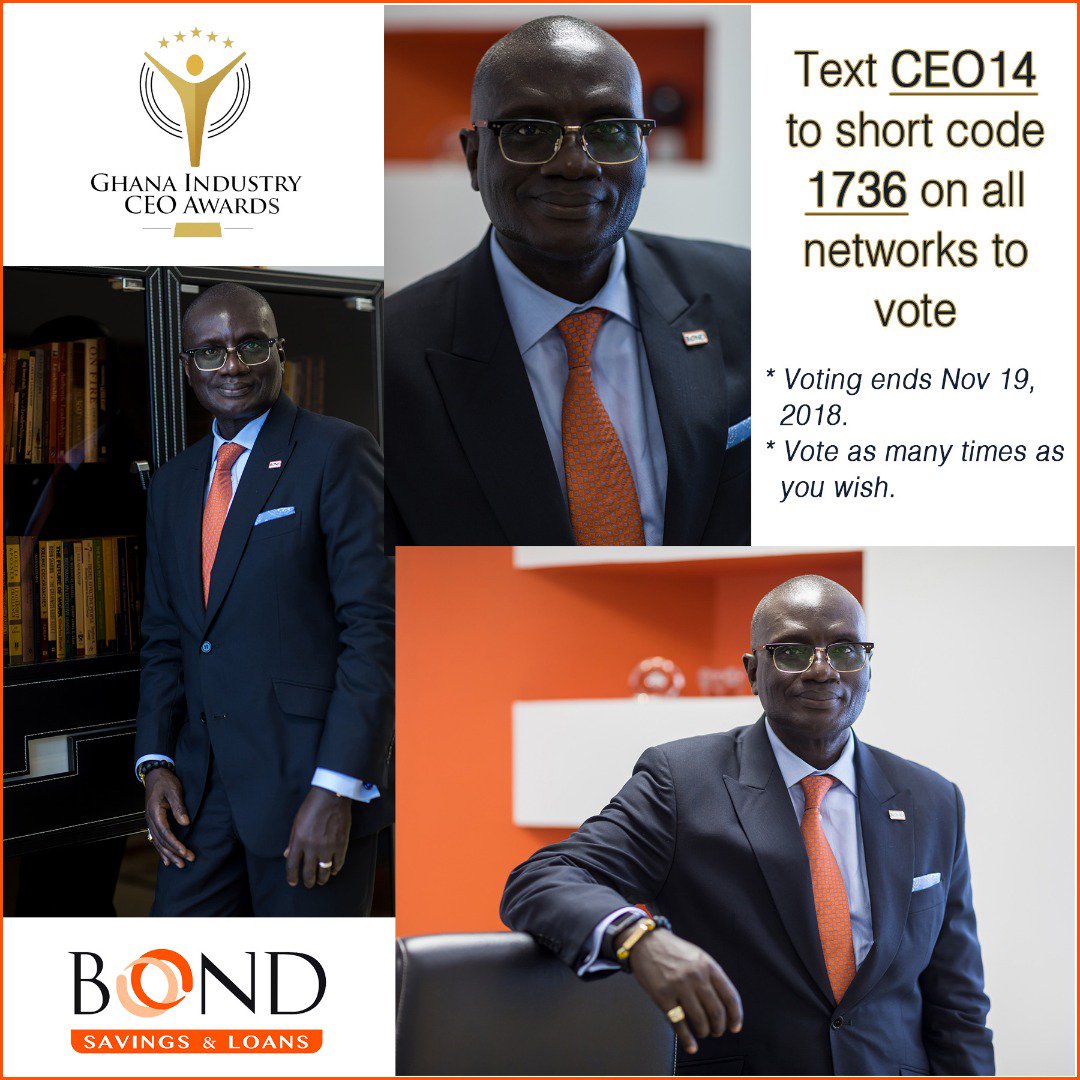 BONDghana's tweet photo. VOTE VOTE VOTE!!!!!!!
 Support our CEO, Mr. George Ofosuhene to win Best CEO for the Non Bank Financial Institutions Sector by Texting CEO14 to 1736.
 #GhanaIndustryCEOAwards 
#BOND https://t.co/CfsgeCSAti