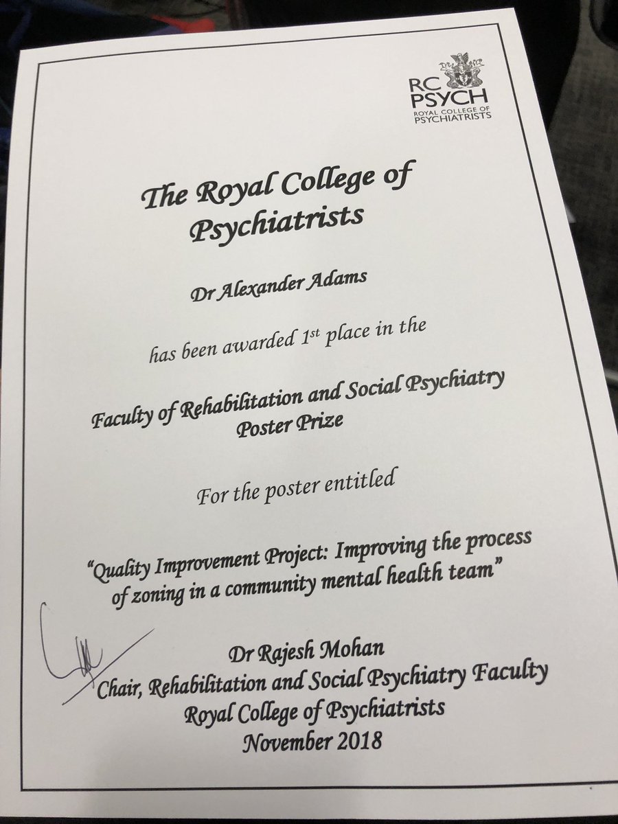 DrAlexAdams1's tweet photo. Great 2 days at #RehabPsych @rcpsych Highlights for me were the importance of joined up working And communication between health and social care and police as well as using evidence appropriately. And of course winning the poster prize! https://t.co/Ogp2M3BOsq
