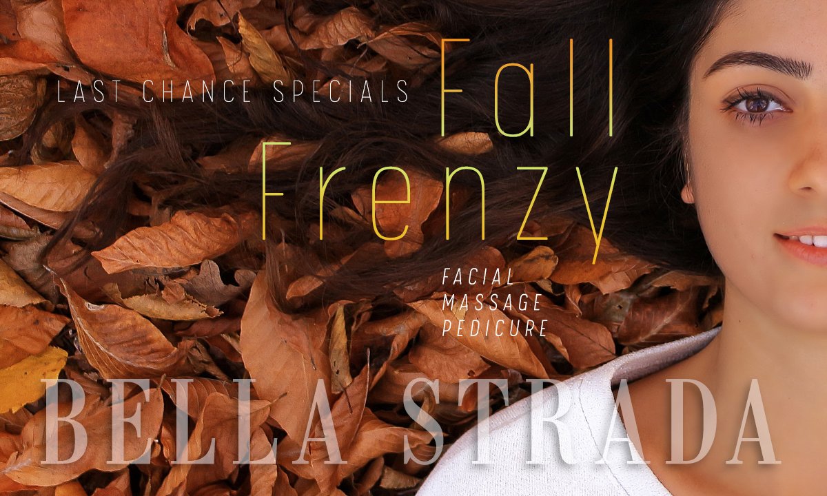 BellaStradaOK's tweet photo. Last call for Fall Frenzy savings! For a very limited time take advantage of our Fall Frenzy savings with pumpkins facial for $70, a pumpkin pedicure for $39 or a 60 minute custom massage for just $75! https://t.co/V7oyR3aovX