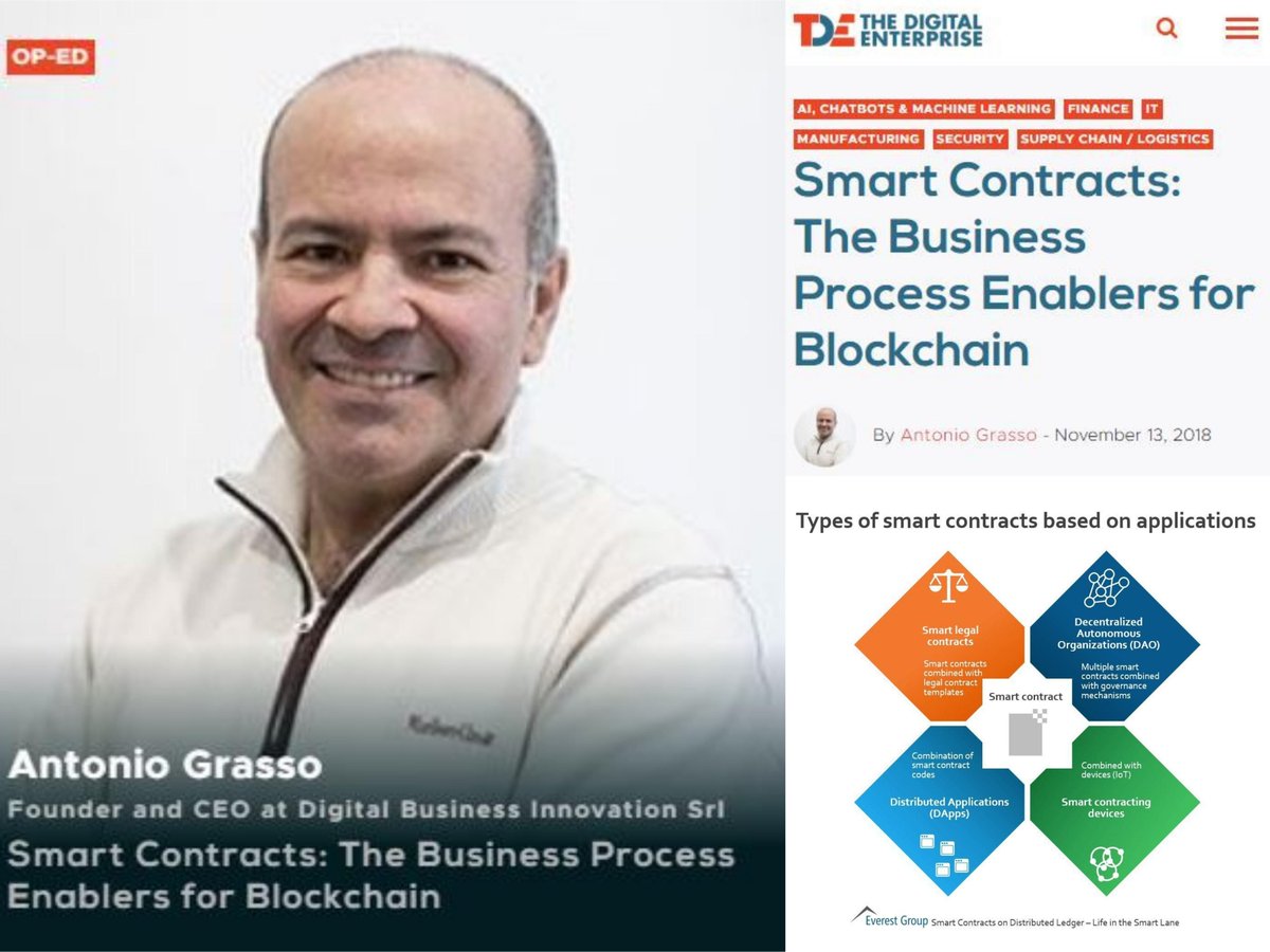 antgrasso's tweet photo. Smart Contracts: The Business Process Enablers for Blockchain - Antonio delves into the basics of smart contracts for the enterprise and the types of smart contracts based on applications. https://t.co/VqaGevjvSj by @antgrasso on @thedigitalenter #Blockchain #SmartContracts #BPA https://t.co/zcf41FuBab