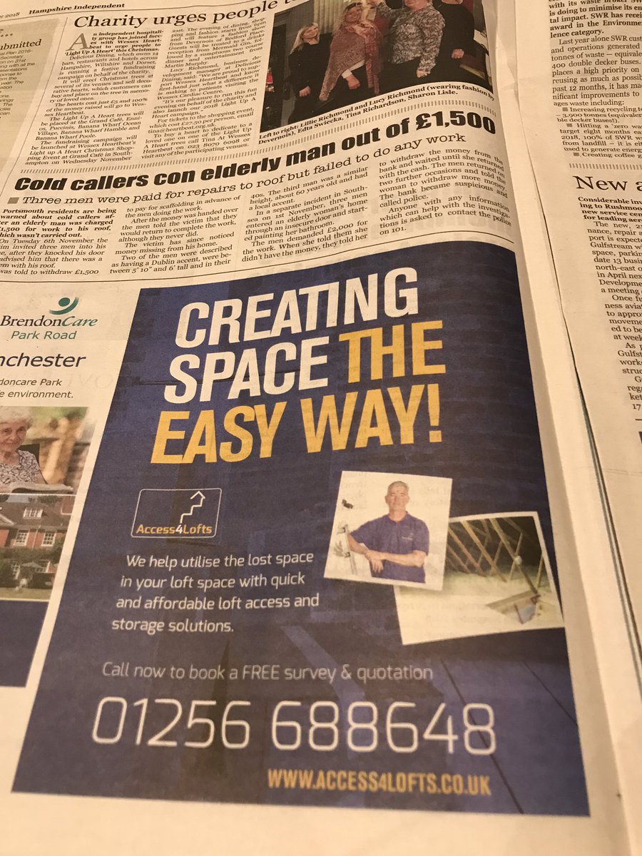 Access4loftsNH's tweet photo. Out today in @HantsIndie  #creatingspace in your #loft. Let us transform your loft into a usable space. If you are fed up with clutter and struggling to get into your loft with a stepladder? I can install #loftladder #loftboarding #loftlight #loftlegs in #Winchester #Basingstoke https://t.co/phz0MsKYm4