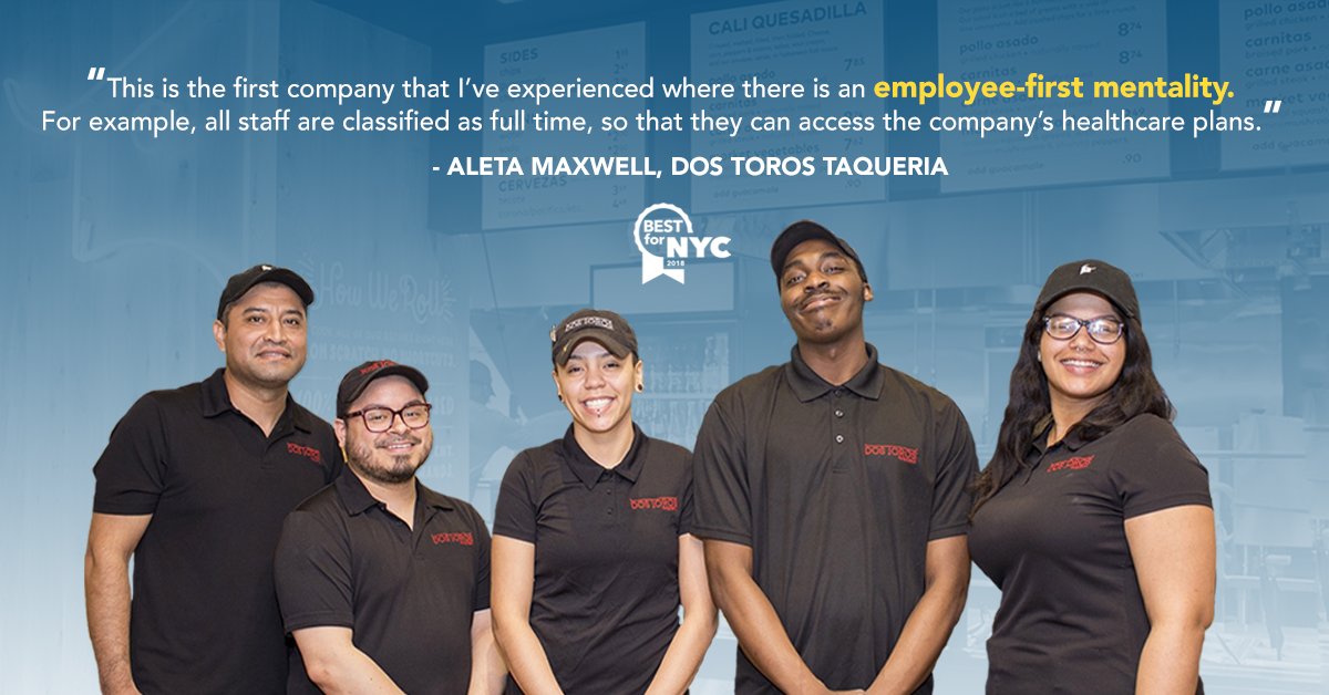 BestforNYC's tweet photo. At @DosToros employee benefits support the long-term health of the company and return a positive fiscal ROI. Learn about businesses committed to job quality: https://t.co/6sRVTVCBff https://t.co/ZGsexwDYpY