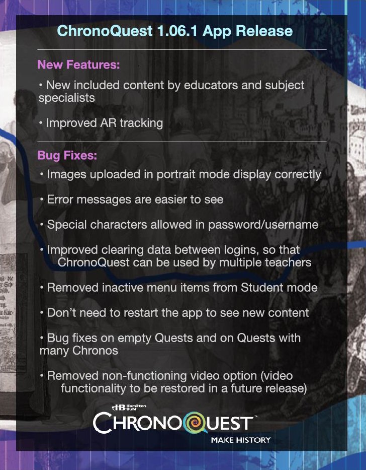 Chrono_Quest's tweet photo. ChronoQuest 1.0.6.1 for iOS and Android is out. It’s a great time to download or update the #ChronoQuest #AR #timeline.   #HackHistory

iOS App: https://t.co/AK1x1nMQeD
Android App: https://t.co/zjP58sR17S
Classroom Kit: https://t.co/kWtDq4CaBV

 #edtech #ARinEDU @GlimpseGroup https://t.co/U88YT6jZRK