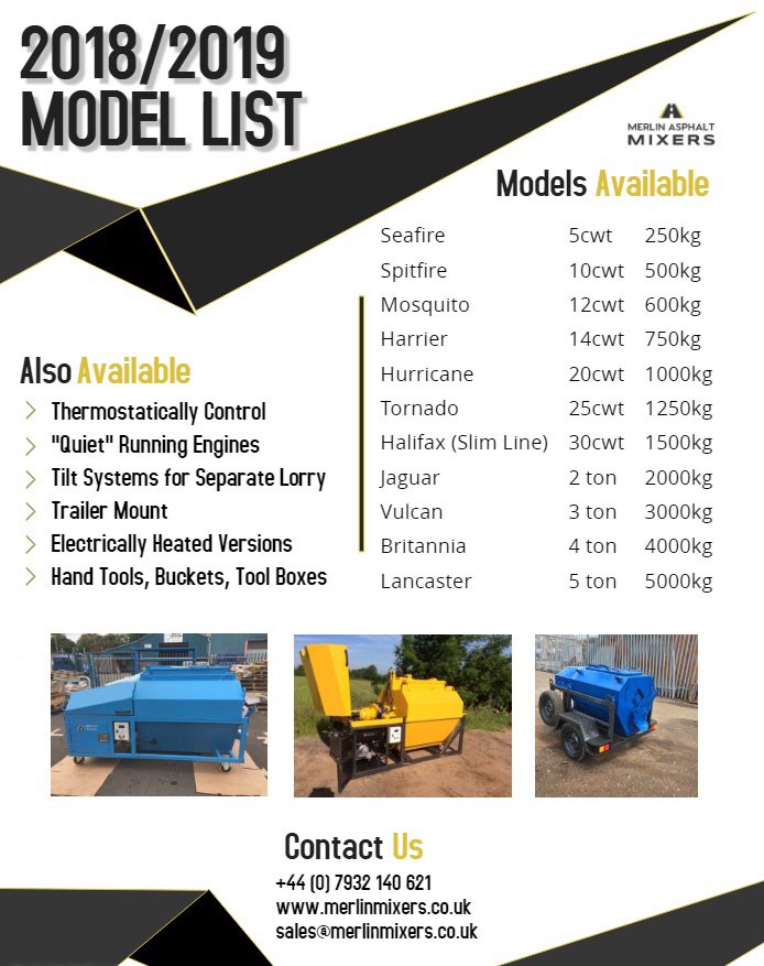 MerlinMixers's tweet photo. 2018/2019 NEW PRODUCT LIST

• New Models Available 
• Machine Hire Available 
• Refurbishments
• Upgrades 
• Servicing 
• Part Exchange Upon Request 

All Machines CE Marked &amp; Lifting Lugs Certified 

Great Deals to be had!
#machining #asphalt #mixers #cemarking https://t.co/BRKOsXBvho