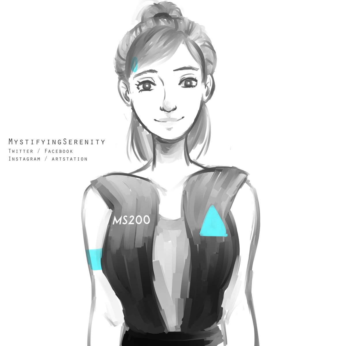 MystifySerenity's tweet photo. "Welcome to Twitter Jericho, how may I help you?" I turned myself into an #ST300 model came up with #MS200. I am now the receptionist of #TwitterJericho to greet all the new and incoming Deviants. 💙 #detroitbecomehuman #DBH #androids #deviant #OC https://t.co/V3ngT7Pu2c