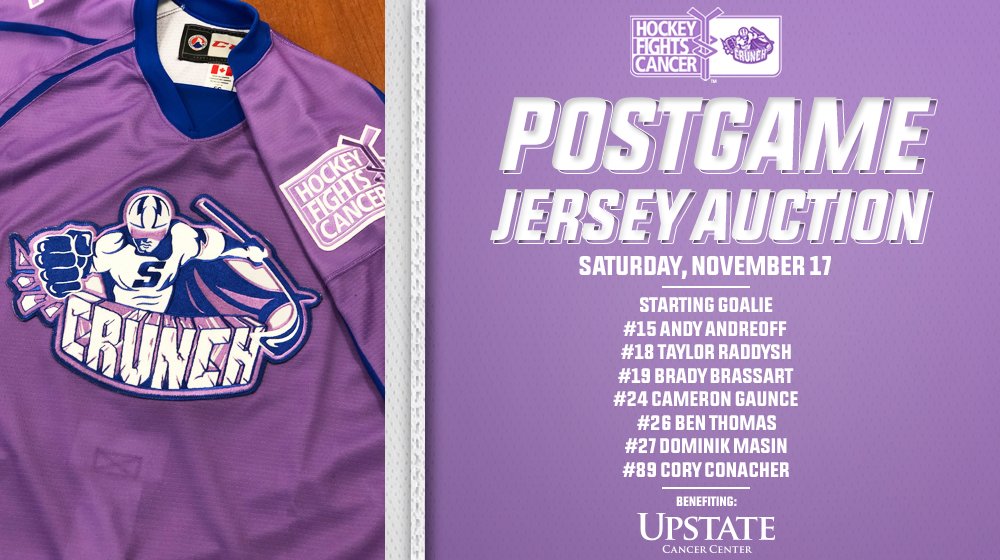 SyracuseCrunch's tweet photo. We’re holding a postgame jersey auction on the ice following our #HockeyFightsCancer game tomorrow night.

Join us in Sections 102-103 to help raise funds for @UpstateCancer. 💜 https://t.co/MRtwpK4uk8