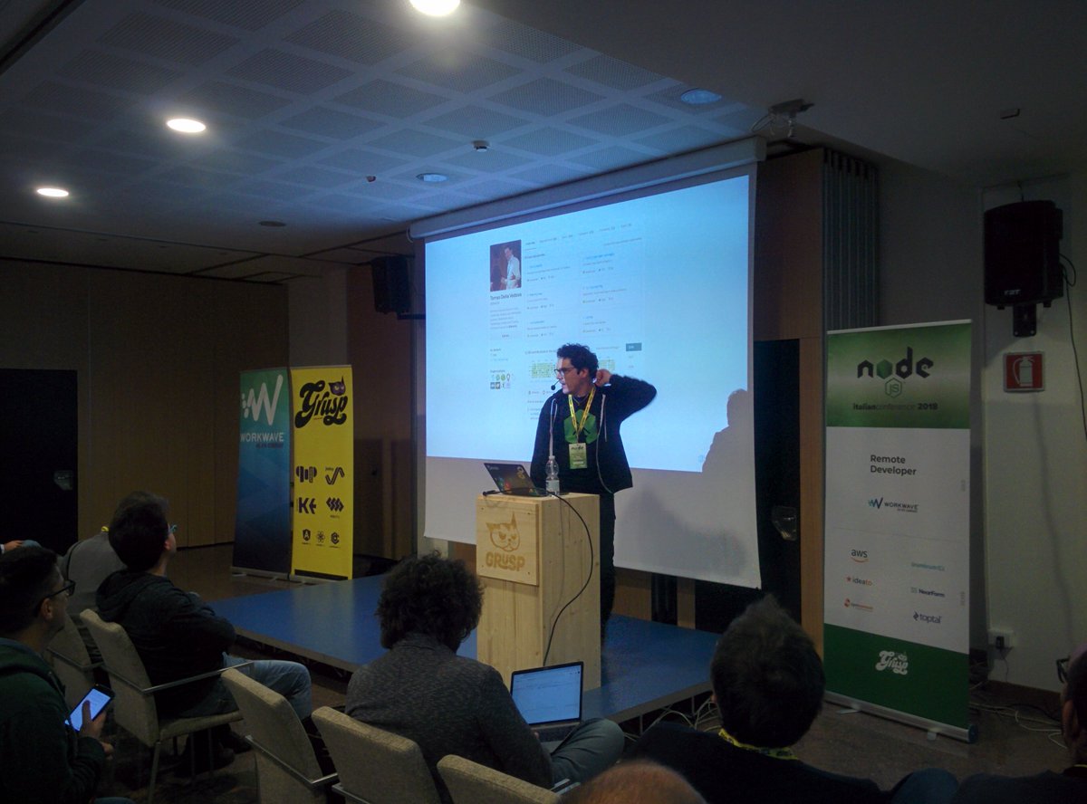 dlondero's tweet photo. Previously on stage @delvedor with his talk "Monoliths always pay their debts" at #NodejsConfIt #NodeJS https://t.co/GrejKoHanW