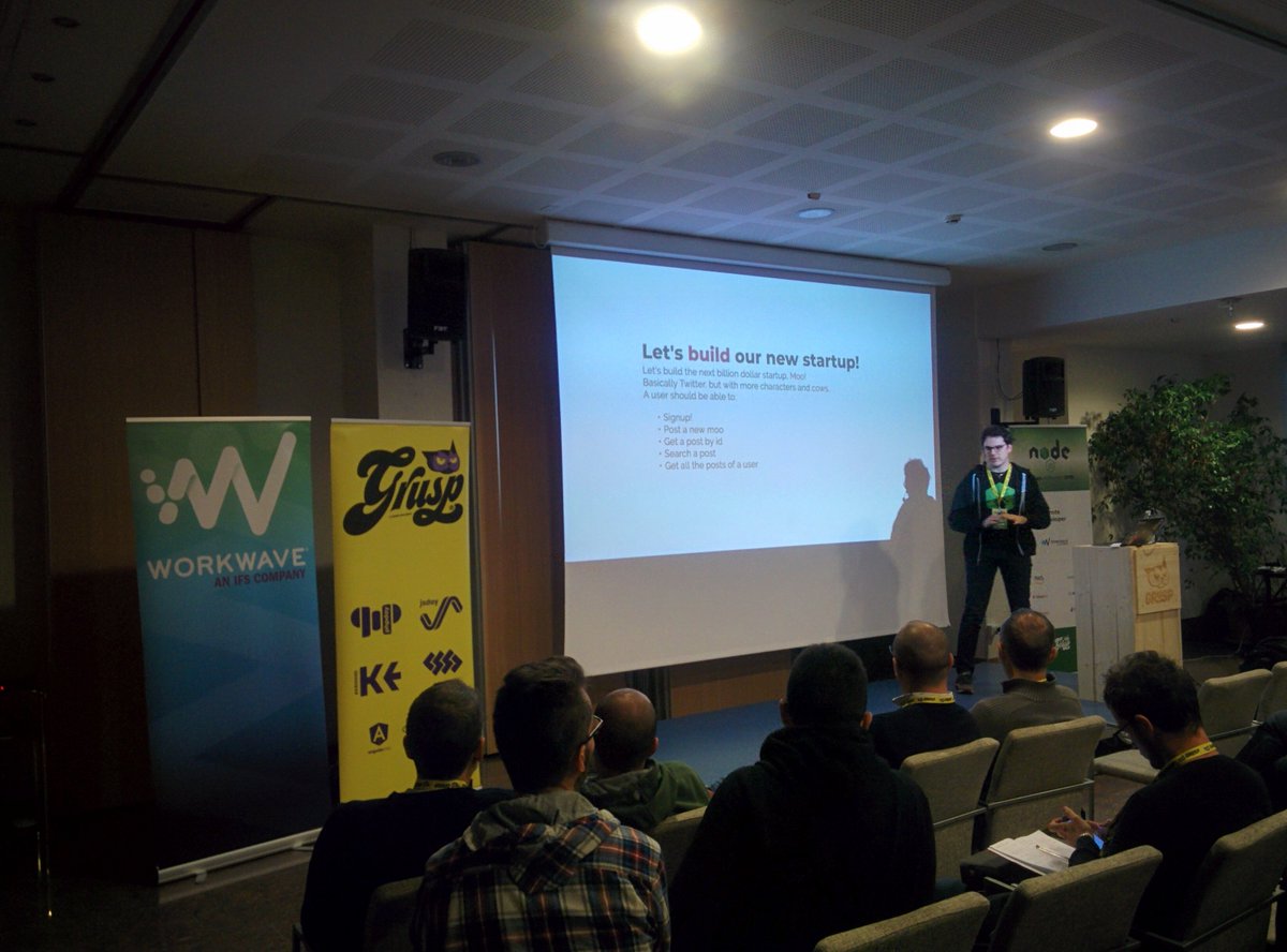 dlondero's tweet photo. Previously on stage @delvedor with his talk "Monoliths always pay their debts" at #NodejsConfIt #NodeJS https://t.co/GrejKoHanW