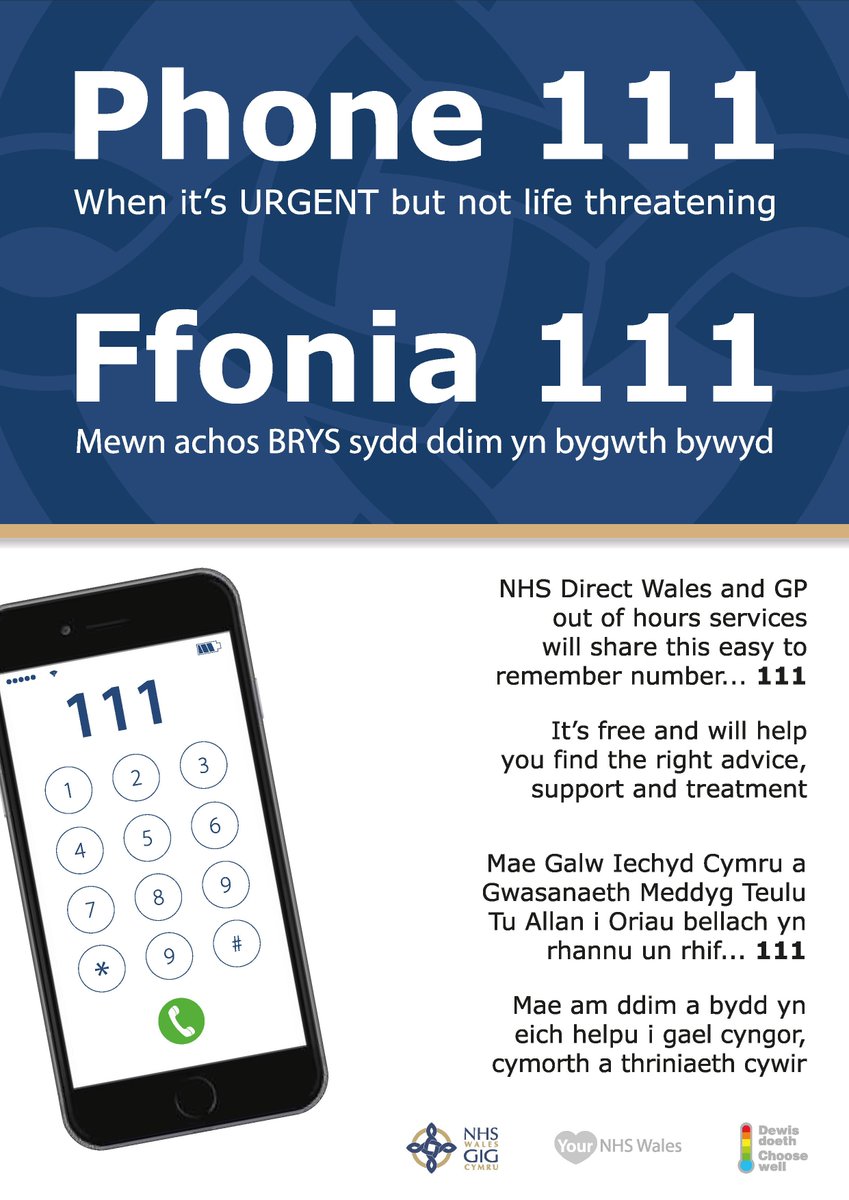 NHS Direct Wales and GP Out Of Hours Services will share this easy to remember number ... 111. 

It’s free and will help you find the right advice, support and treatment. 

Call 999 for life-threatening conditions. #111Wales

For more information visit: hywelddahb.wales.nhs.uk/OutofHours