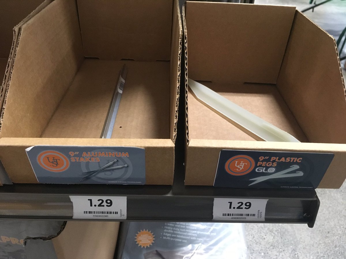 calnino's tweet photo. Wow! @GanderOutdoors This is an impressive selection of tent stakes! Now I just need to find a tent that only needs a single stake... #inventoryFAIL #offtoDicks https://t.co/amWUDybVxi