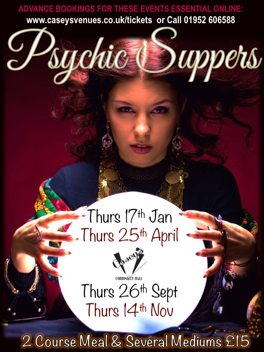 Join Casey’s on Thursday 17th January for a Psychic Supper evening!

The night will include a 2 Course Hot supper and several psychics/mediums visiting your table in the hope to give messages and/or guidance from loved ones.
caseysvenues.co.uk/product/psychi…