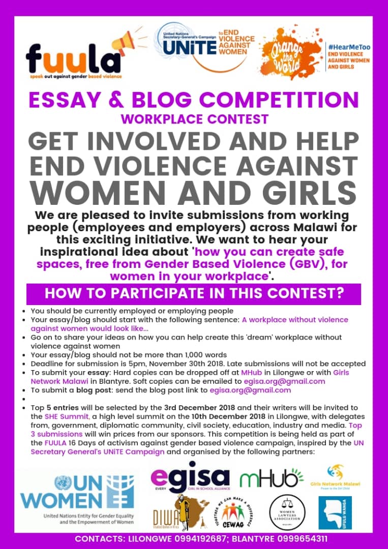 WLAMalawi's tweet photo. Are u an employee/employer? Are u passionate about ending GBV in the workplace? Do u write? If YES, enter our Essay/Blog Competition. In 1000 words explain how "you can create a safe workplace, free from GBV, for women" due 30 Nov
#FuulaCampaign #16DaysOfActivism #HearMeToo https://t.co/os88IIbfJ5