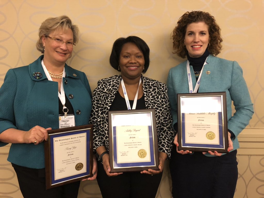 MelissaBPhD's tweet photo. So happy to be inducted #FGSA today with these two ladies! @PressureUlcerRN @LeakBryantPhD @geronsociety #GSA18 @gwNURSING @DukeU_NrsngSchl @UNCNursing https://t.co/nc31Adk2Nf