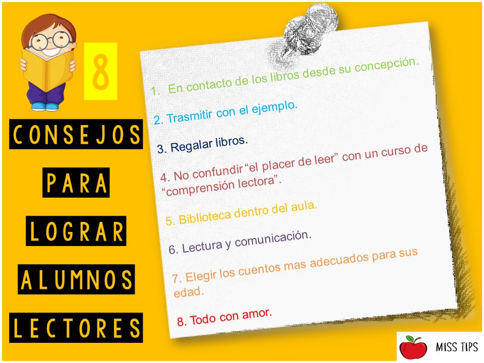 tips_miss's tweet photo. 8 consejos para lograr alumnos lectores.☝️👩‍🏫🍎✨
Síguenos @tips_miss para más consejos✅
#misstips #bestteacher #educación #consejos https://t.co/aZhGP8KVnC