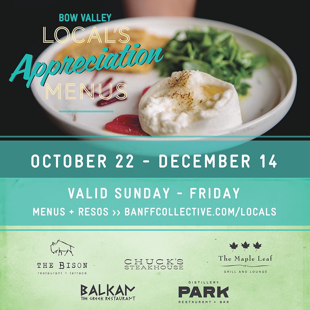 Wow, lucky us! 🤩🤩 #Banff Hospitality Collective is extending their Local's Appreciation Menus to Dec. 14! Proceeds go to BCCF so be sure to make a reso at <a href="/chucksbanff/">Chuck's Steak House</a>, <a href="/BanffBalkan/">yakar</a>, <a href="/TheBisonBanff/">The Bison Restaurant</a>, <a href="/parkdistillery/">Park Distillery</a> today! ❤️🍽