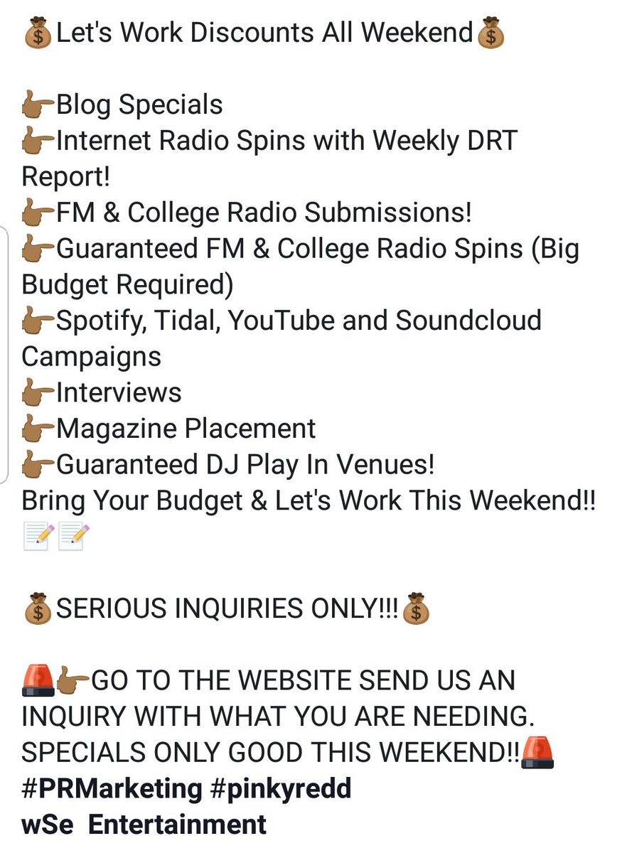 Don't Miss Out!
thepinkyreddbrand.com/wse-music #music #marketing #promo #radio #artist #hiphop #indiemusic #unsigned #indieartist #Rap #countrymusic #Reggae #rockmusic #royalties #EDM #money #djset #NerveDJs #MusicLov3rz #branding #singer #bands #special #Deals #publishing #publicist
