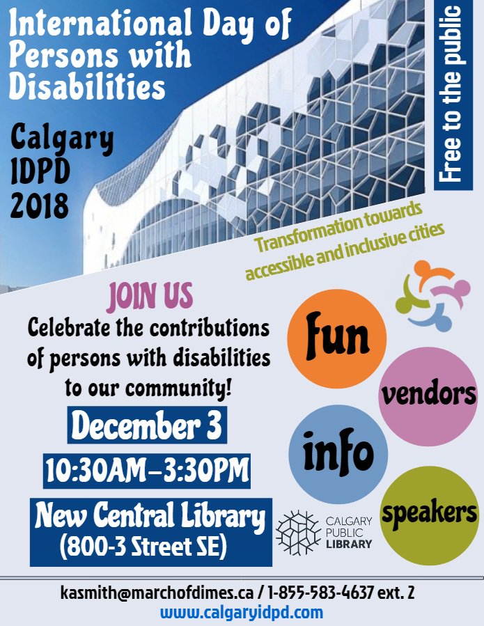CalgaryIDPD's tweet photo. Calgary IDPD 2018 will be celebrated on December 3rd, 2018. We will have a wonderful program with great Speakers and Vendors. 
#savethedate #yyc #idpd2018 #calgary #joinus #December https://t.co/nZ14ZYZxug