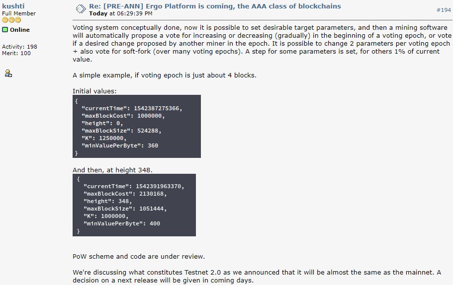 ergo_platform's tweet image. Changing system parameters through voting system with auto proposal of mining software is conceptually done. #PoW scheme and code under review. More news about Testnet 2.0/mainnet prototype in the next days.

#Scorex #SigmaLanguage #ZKProof #SmartContracts #Cryptocurrency $EFYT