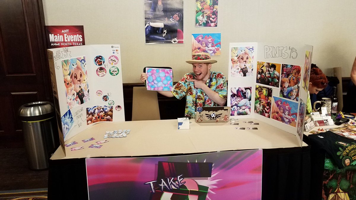 TakeZeroTV's tweet photo. We are all set up right outside Main Events!
We've got #splatoon, #dbz and #dbs, #pokemon, cosplay prints of merluvli, #mha, and more! Buttons, stickers and prints! Come check it out and don't forget Anime Taxonomy starts in 1 hour with our very own @ThursdayPancake! https://t.co/xfLeos1cYe