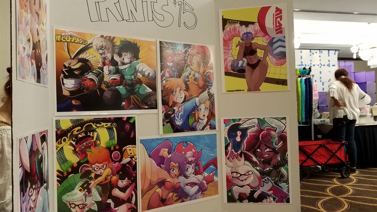 TakeZeroTV's tweet photo. We are all set up right outside Main Events!
We've got #splatoon, #dbz and #dbs, #pokemon, cosplay prints of merluvli, #mha, and more! Buttons, stickers and prints! Come check it out and don't forget Anime Taxonomy starts in 1 hour with our very own @ThursdayPancake! https://t.co/xfLeos1cYe