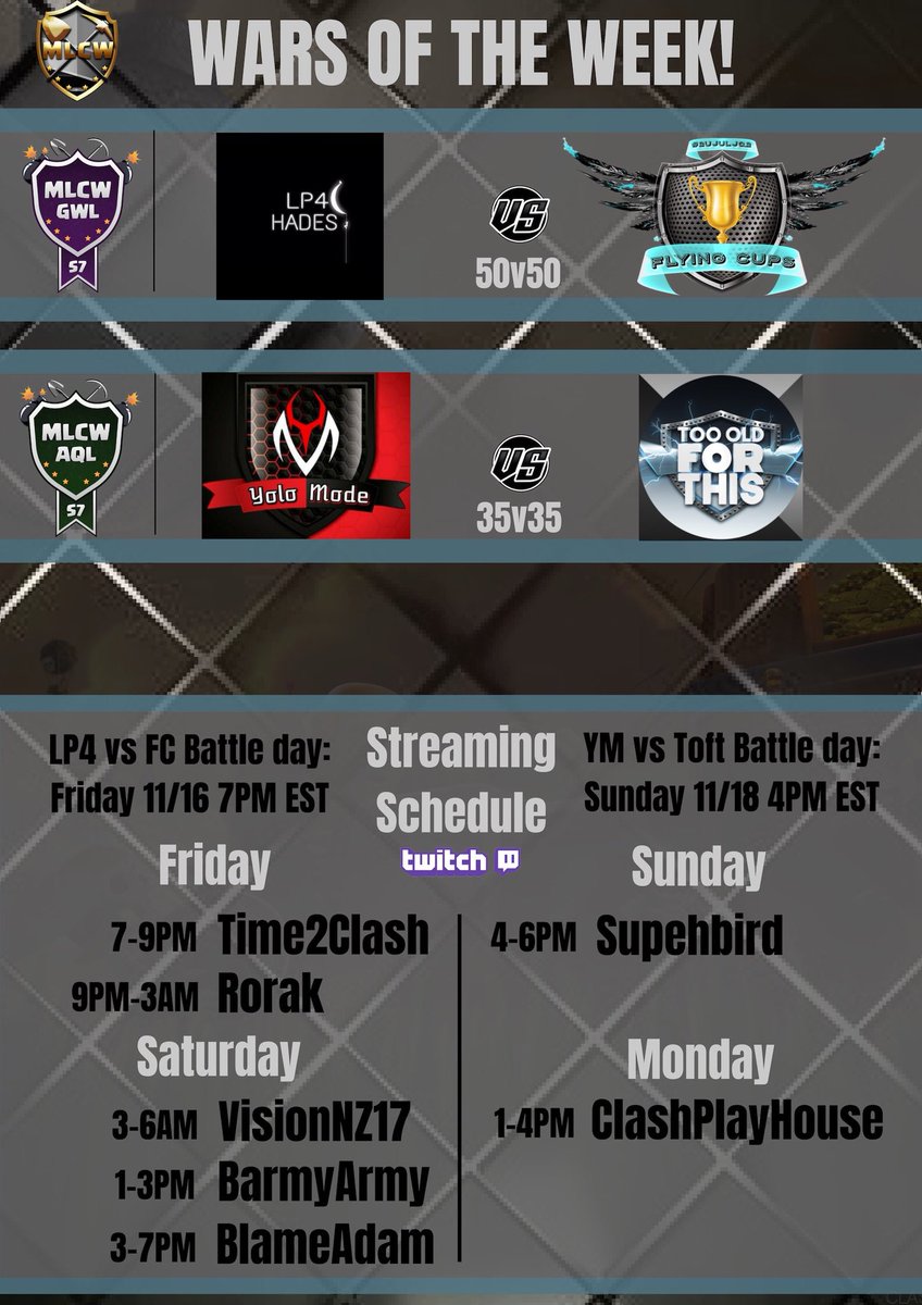 Week 2 is here and that means there’s plenty of MLCW action to check out Friday-Monday including a 50v50 heavyweight war kicking off tonight at 7PM EST! Be sure to check out the insanity 🤜🤛💃 <a href="/ClashofClans/">Clash of Clans</a>