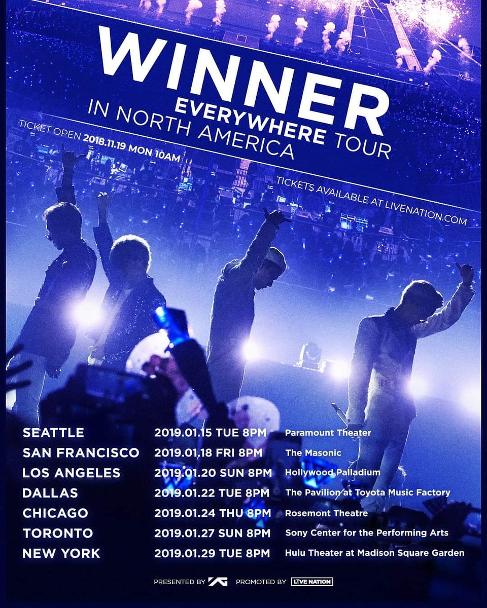 ctmgent's tweet photo. Its only been a couple of days since it was announced that #WINNER will be going on a North American tour, starting in the New Year. And more information has been revealed.

Tickets go on sale Monday, November 19, 10AM. Tickets can be purchased at https://t.co/pRJCmPyLzf https://t.co/8yBYCBEaoo