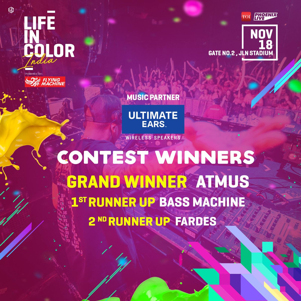 I won the <a href="/ultimateears/">Ultimate Ears</a> contest and will be playing at <a href="/lictourIndia/">Life In Color India</a> alongside <a href="/diplo/">diplo</a> <a href="/RITVIZ/">riti</a> <a href="/VivianDivine/">DIVINE</a> <a href="/DJ4B/">4️⃣🐝</a> . Thanks a ton ultimate ears. #LifeinColorIndia