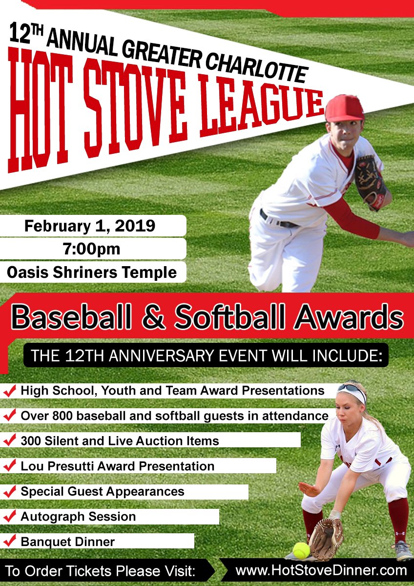 SCSportsReport's tweet image. The 12th Annual Greater Charlotte Hot Stove League Baseball &amp;amp;  Softball Awards Dinner player/team nominations are now open.   Nominations for all baseball and softball awards may be made over the  next 30 days at HotStoveDinner.com      Make sure you get nominated!