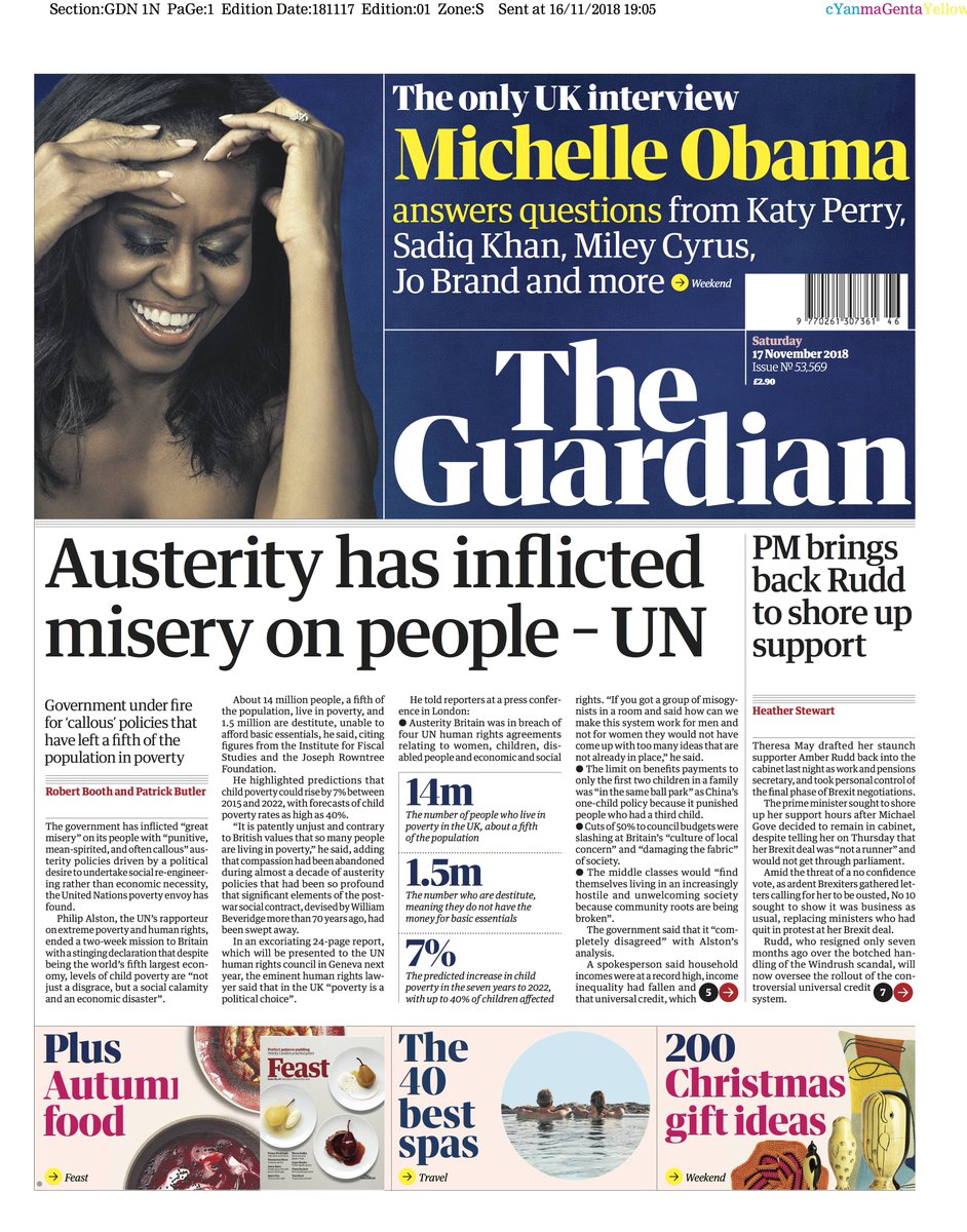 Guardian front page, Saturday 17 November 2018: Austerity has inflicted ...