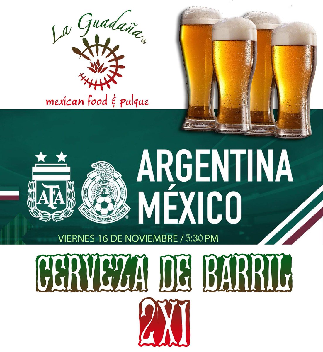 laguadaa1's tweet photo. Toda la #Cerveza de barril durante el partido de hoy #Argentina Vs #México estará al #2x1. Reserva ya, es tarde de amigos ! https://t.co/tL8AFZJC2q