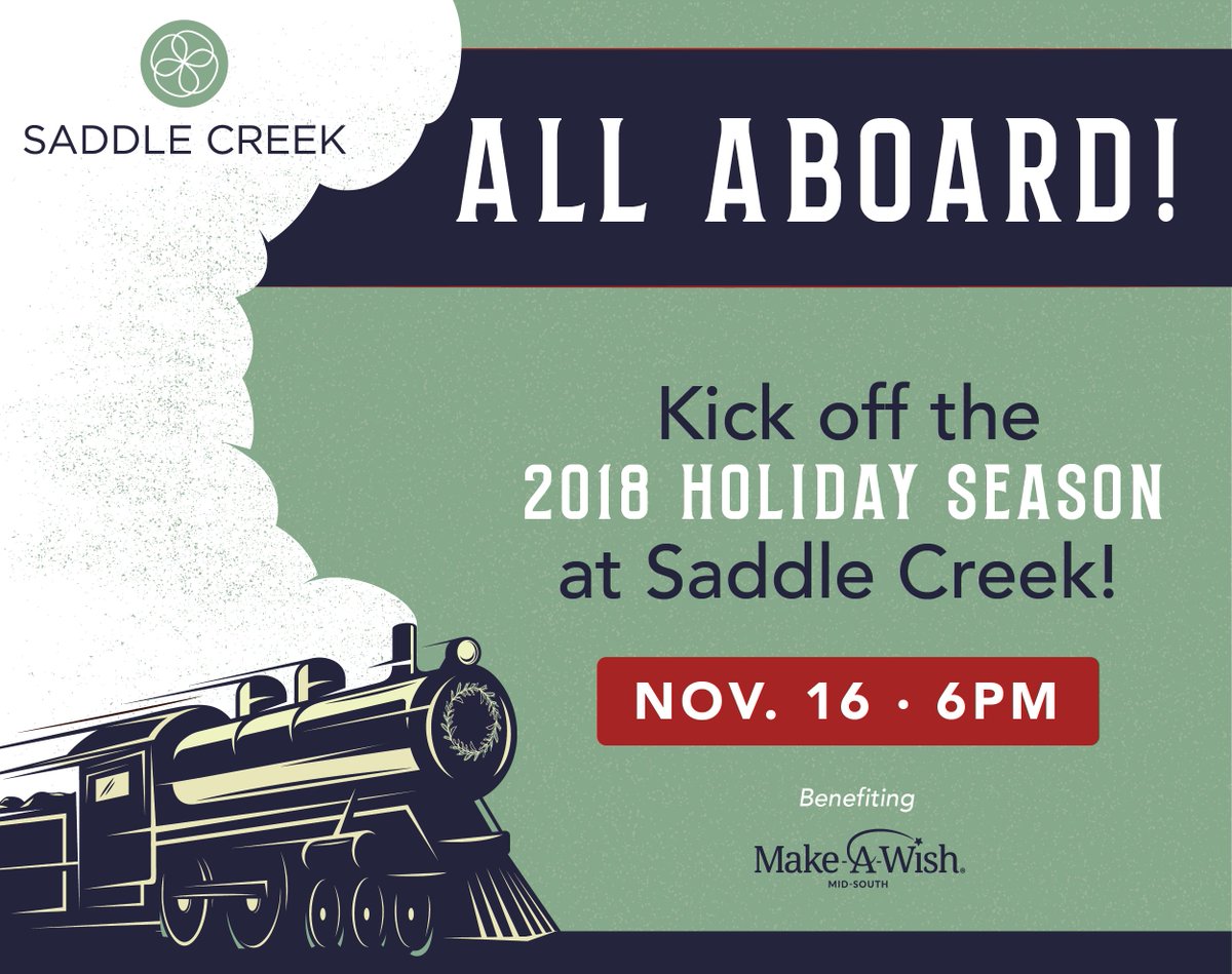 saddlecreekshop's tweet photo. All aboard! Kick off the holiday season TONIGHT at Saddle Creek North, between Chico's and J.Crew! The Polar Express starts at 6PM sharp, but all the festivities kick off at 5:30PM. Train rides, Santa, food trucks &amp; more! #choose901 #ilovememphis #memphis #holidayfun #santaclaus https://t.co/FoOf7zZm8Y