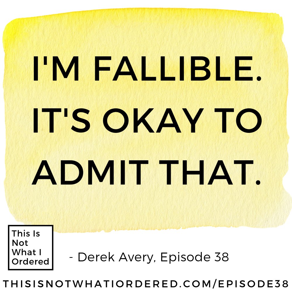 NWIOPodcast's tweet image. "I’m #fallible. It’s okay to #admit that.” - Derek Avery, Episode 38

This Is Not What I Ordered: a #podcast on full-hearted living with #chronicillness + #health challenges.⠀⠀⠀

buff.ly/2B0MNkh
⠀⠀⠀
#fatherhood #vulnerability #selflove #disability #chronicpain #pain