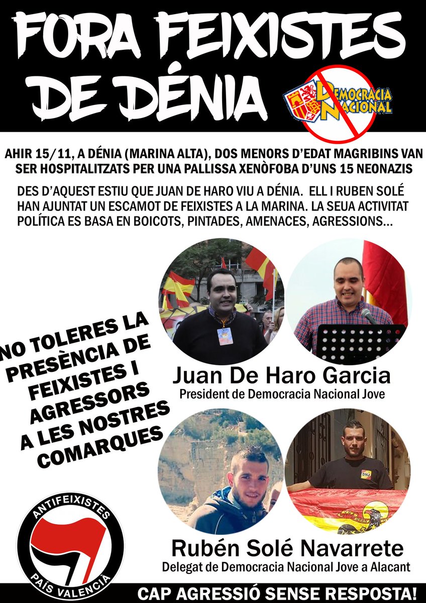 Antifes_Safor's tweet photo. Ahir 15 COVARDS (neonazis) van agredir i enviar a l'hospital a 2 menors d'edat magribins. Una agressió xenòfoba i racista que segurament quedarà impune.

Podem intuir qui han estat els agressors. I vosaltres?

FORA FEIXISTES DE LES NOSTRES COMARQUES. CAP AGRESSIÓ SENSE RESPOSTA! https://t.co/4ABiPfsCRa