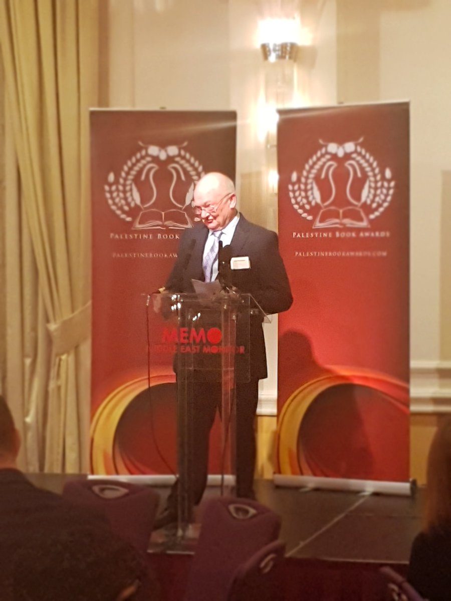 MiddleEastMnt's tweet photo. Alan Waddams, judge, #PBA18 gives the opening address and highlights the fact that this year over than 40 books were submitted to the Palestine Book Awards!!! https://t.co/MdtDpryi4N