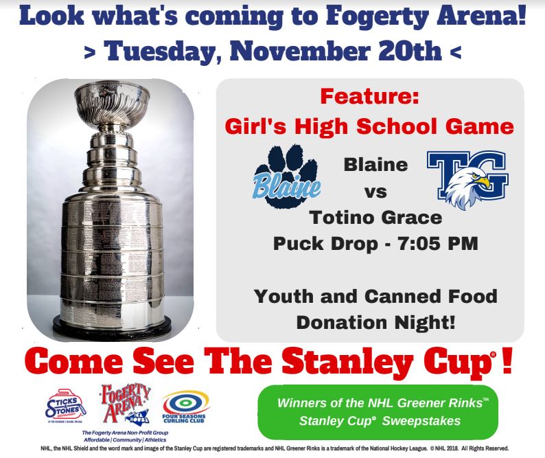 Do you want to watch some great hockey and see the Stanley Cup?  Then head over to Fogerty Area on Tuesday, November 20th to watch the lady Bengals take on Totino Grace!  The puck drops at 7:05 pm.