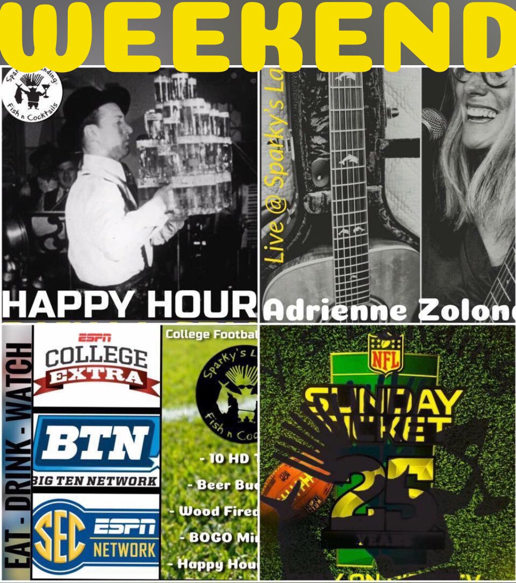 SparkysLanding's tweet photo. Friday means... It’s time for the Weekend!

Fri - Live Music Adrienne and Chris B
Sat - College Football, Brunch, BOGO Mimosas
Sun - NFL Sunday, Brunch, Bloodys, BOGO Mimosas

#weekend #goodeats #woodfiredpizza #pizza #conchchowder #soup #football #listen #eat #drink #cocktails https://t.co/7mXEzQLWe9