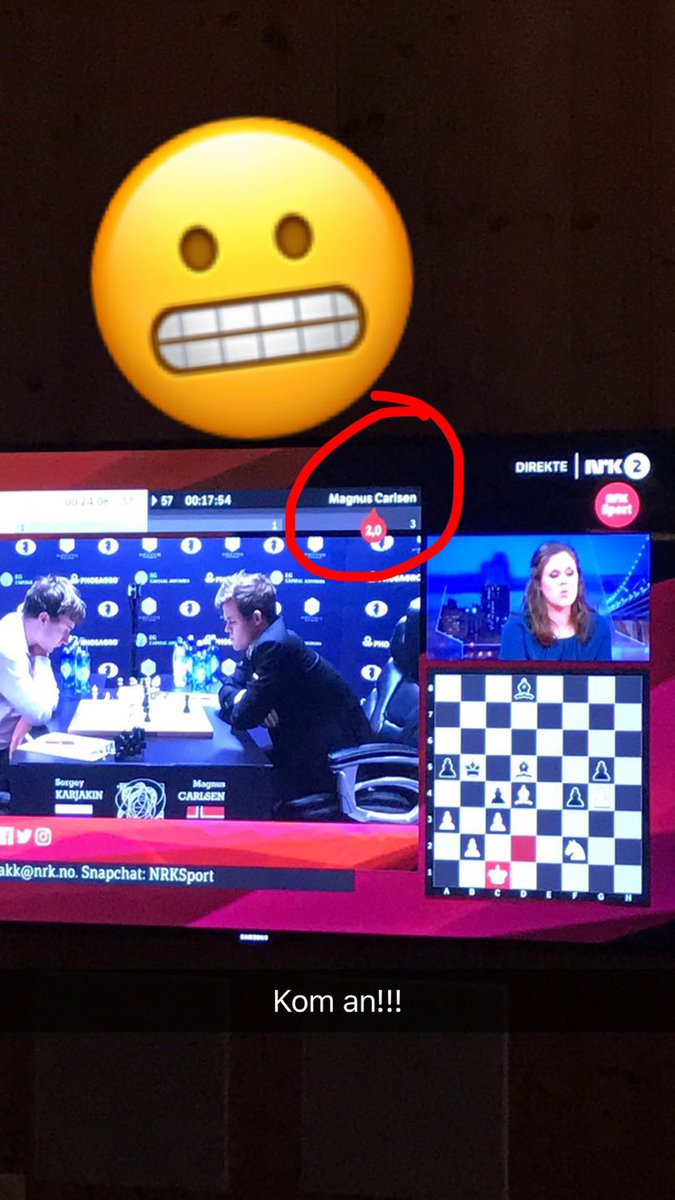 siljecath's tweet photo. For nøyaktig 2 år siden var situasjonen en helt annen enn nå. Da sa pilen 2,0 til Magnus? Husker dere hvordan den kampen gikk? #nrksjakk #magnuskarjaking https://t.co/85DWM56gzg