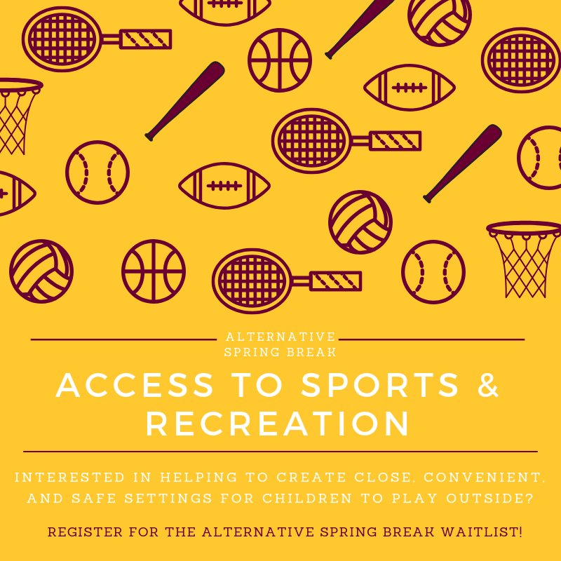 Interested in helping to create close, convenient, and safe settings for children to play outside? Think about preferencing the Access to Sports &amp; Recreation Alternative Spring Break on the Waitlist! Click here to register: orgsync.com/26702/events/2…