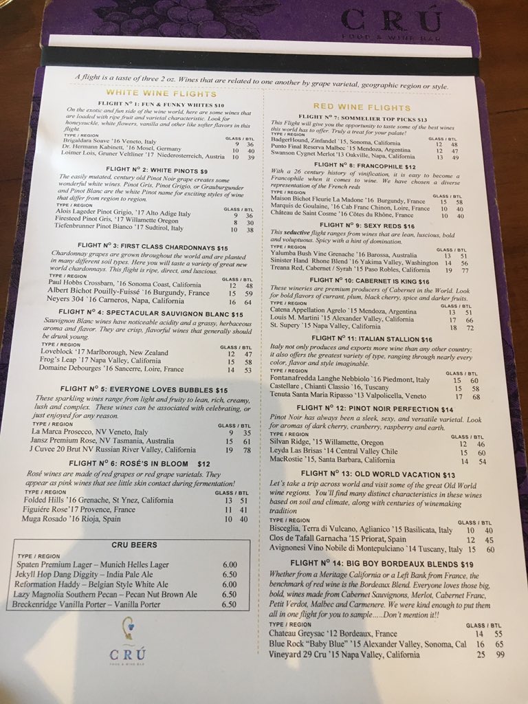 Current wine list at Cru Avalon Alpharetta, GA. #ATLWine #Winelovers #cru #Avalon