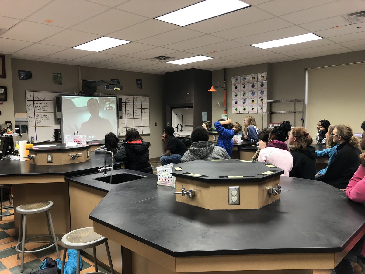 JackieScott08's tweet photo. So excited to be Skyping with materials scientist, Anna Hoffman @ Univ of TN about her research w/ my Phys Science class! So neat to be able to see the inside of a research lab and how she prepares her materials! #mannhasitall @KeithMcFA9306 @MichaelPoore1 https://t.co/C8dBvbrnQL